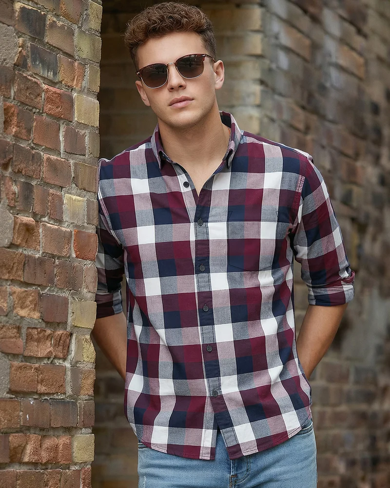 بيواكوف Men's Maroon & White Checked Shirts